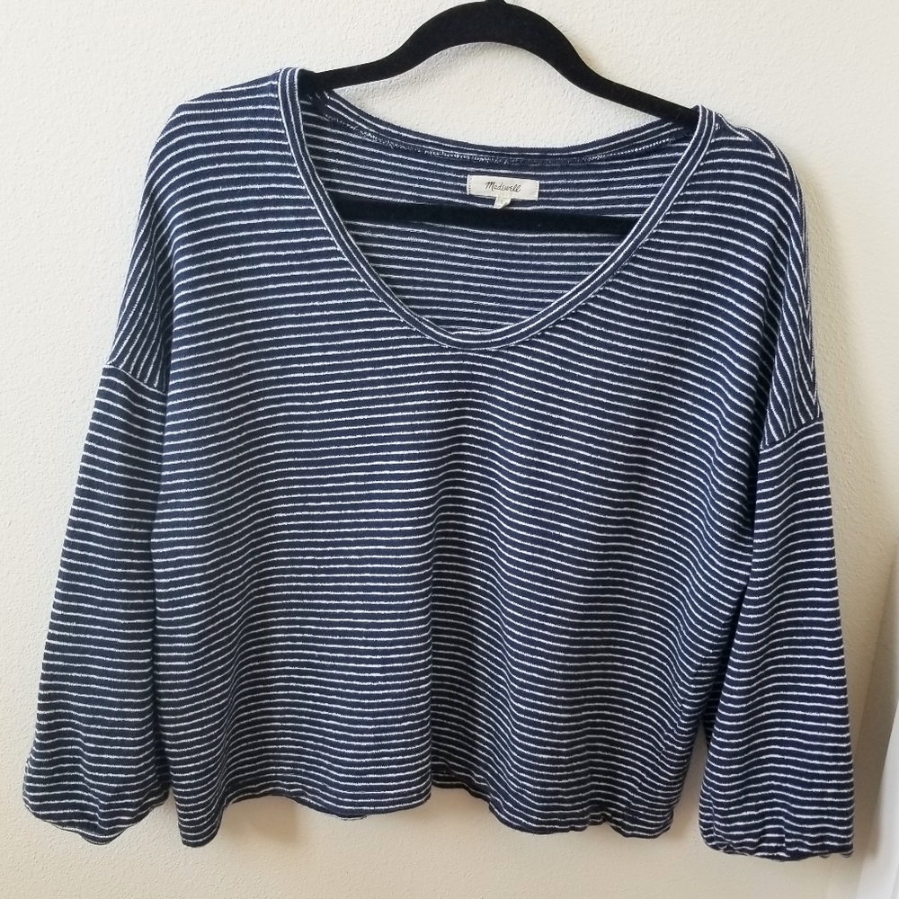 MADEWELL "Wild Ginger" V-neck Bubble Sleeve Top - Navy/White Stripe - Size L